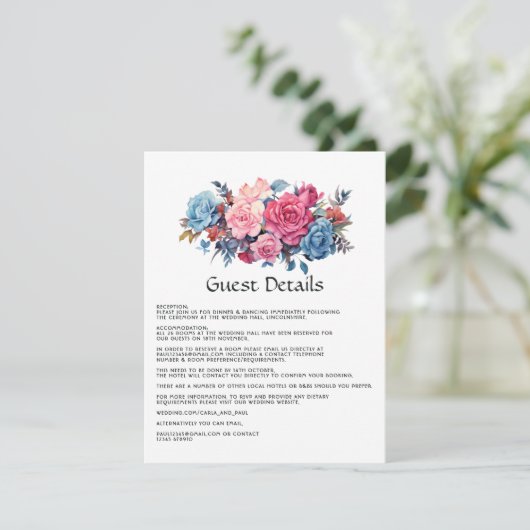 Roze en Blauw Bloemen Bruiloft Gast Details Informatiekaartje (Staand voorkant)