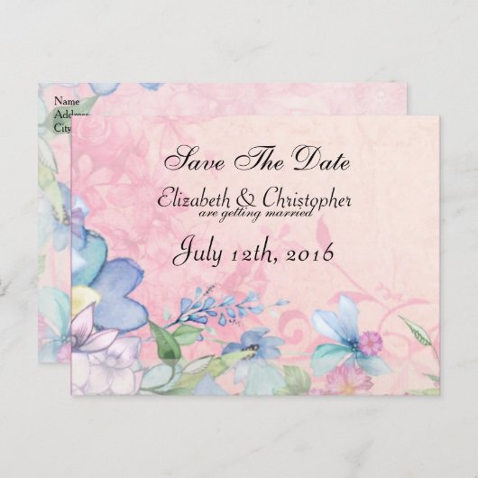 Roze en Blauw Bloemen Bruiloft Save The Date Aankondigingskaart (Voorkant / Achterkant)