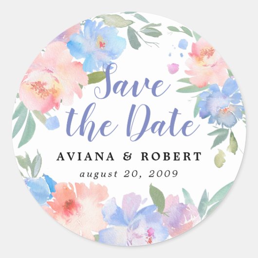 Roze en Blauw Bloemen Bruiloft Save the Date Ronde Sticker (Voorkant)