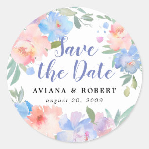 Roze en Blauw Bloemen Bruiloft Save the Date Ronde Sticker