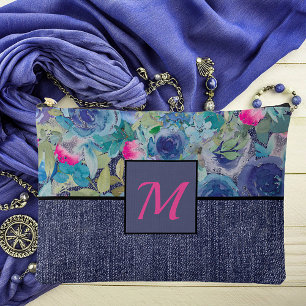 Roze en blauw bloemen en denim monogram etui