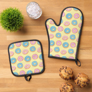 Roze en Blauw Doughnut Patroon Ovenwant & Pannenlap Set