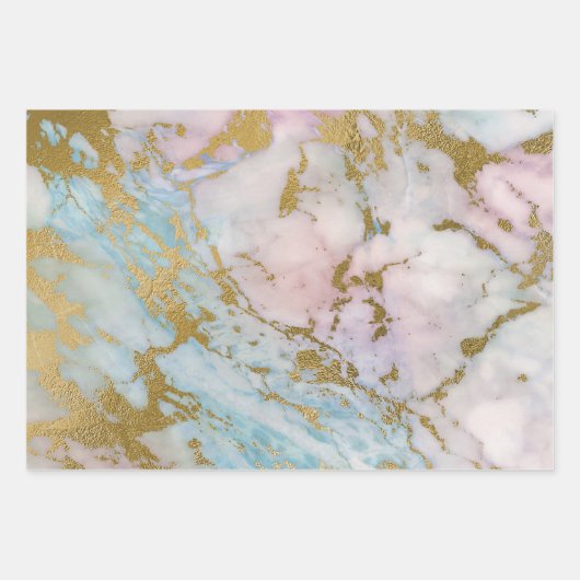 Roze en Blauw en Gouden Marmeren Kijk Inpakpapier Vel (Voorkant)