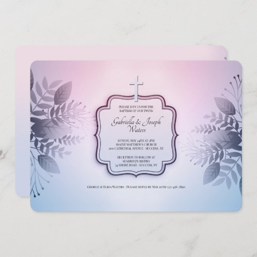 Roze en Blauw Foliage Religieuze Uitnodiging (Voorkant / Achterkant)