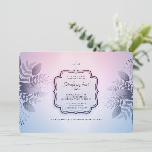 Roze en Blauw Foliage Religieuze Uitnodiging (Staand voorkant)