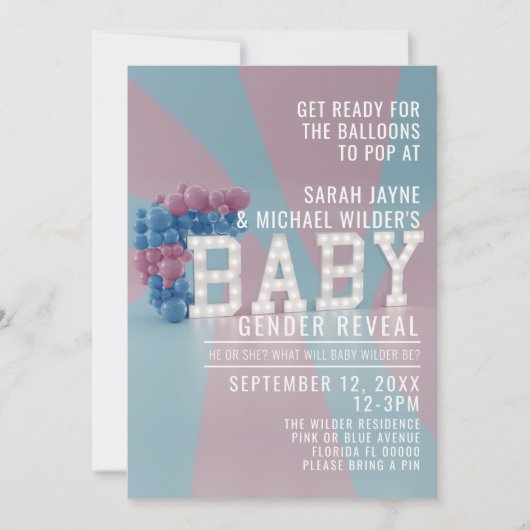 Roze en blauw Hij of zij openbaart uitnodiging (Voorkant)