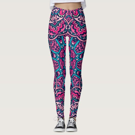 Roze en Blauw Intricate Mandala Pattern Leggings (Voorkant)