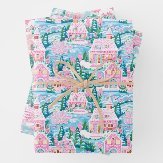 Roze en Blauw Kerstdorp Inpakpapier Vel (In situ)