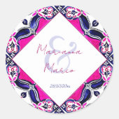 Roze en blauw Mexicaanse tegels bruiloft Ronde Sticker (Voorkant)