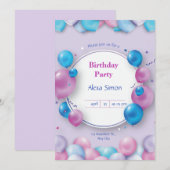 Roze en Blauw Moderne Uitnodiging van de Verjaarda (Voorkant / Achterkant)
