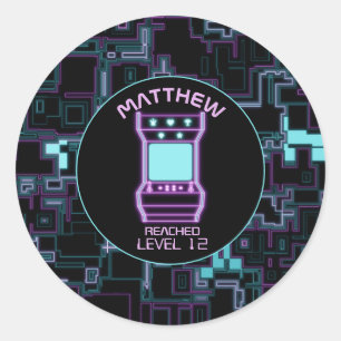 Roze en Blauw Retro Arcade Videogame Ronde Sticker