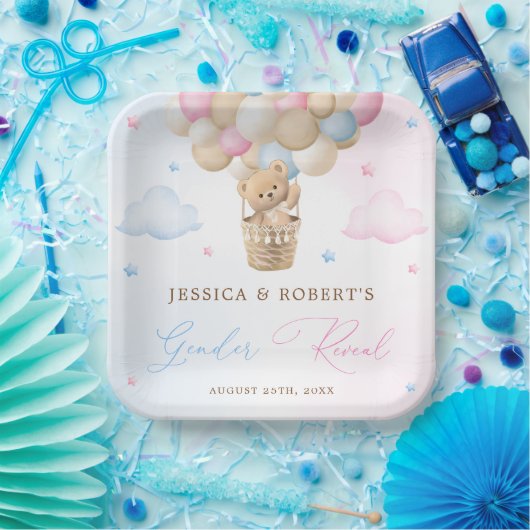 Roze en Blauw Teddy Bear Geslacht Onthullen Papieren Bordje (Feest)