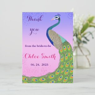 Roze en blauw vrijgezellenfeest met pauw-thema bedankkaart