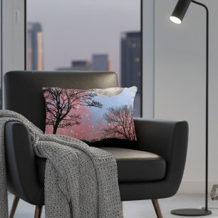 Roze en blauw Waterverf Sky Trees en Moon Accent Kussen