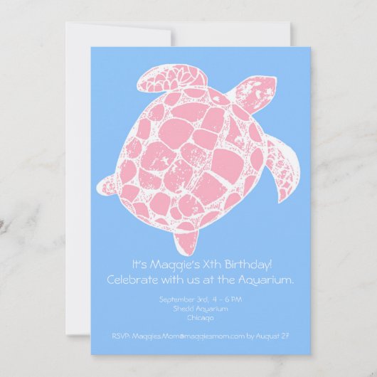 Roze en Blauw Zee Turtle Verjaardagsfeestuitnodigi Kaart (Voorkant)
