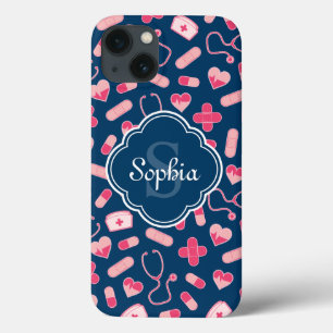 Roze en Blauw zurenpatroon met monogram iPhone 13 Hoesje