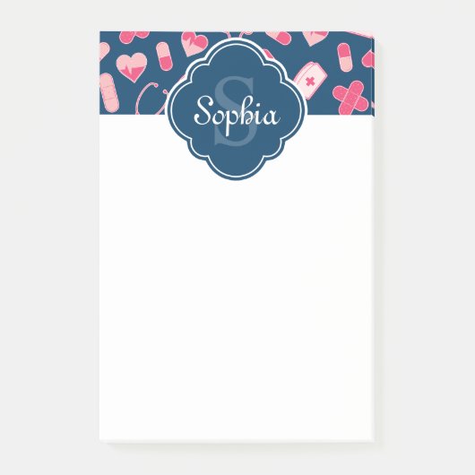 Roze en Blauw zurenpatroon met monogram Post-it® Notes (Voorkant)