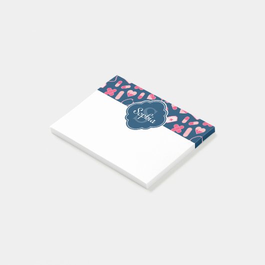 Roze en Blauw zurenpatroon met monogram Post-it® Notes (Schuin)