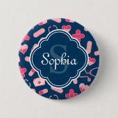 Roze en Blauw zurenpatroon met monogram Ronde Button 5,7 Cm (Voorkant)