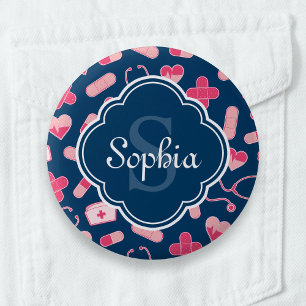 Roze en Blauw zurenpatroon met monogram Ronde Button 5,7 Cm