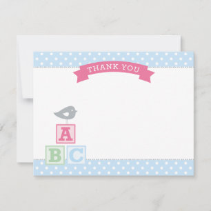 Roze en Blauwe ABC Blokken Vogel Baby Meisje Bedankkaart