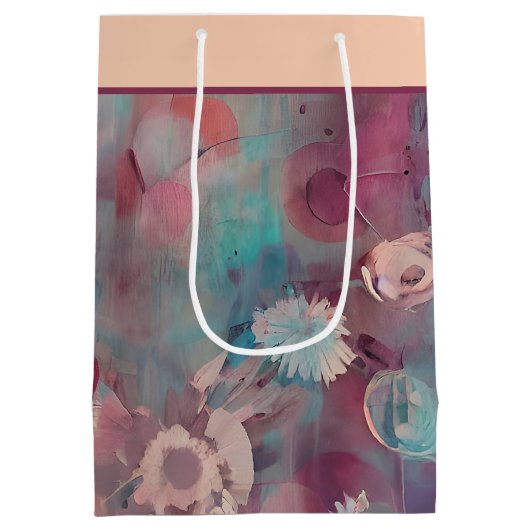 Roze en blauwe abstracte bloemen middelgrote gift  medium cadeauzakje (Achterkant)