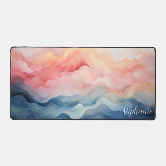 Roze en blauwe Abstracte golven gepersonaliseerd Bureaumat (Voorkant)