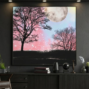 Roze En Blauwe Aquarel Lucht Bomen En Maan Canvas Afdruk