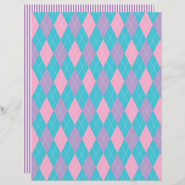 Roze en blauwe argyle en gestreept plakboek papier (Voorkant / Achterkant)