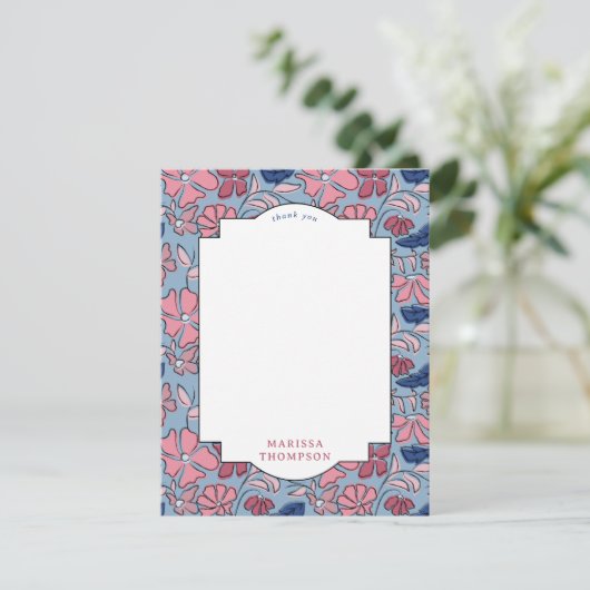 Roze en Blauwe Bloemen Blok Print Boy Verjaardag Bedankkaart (Staand voorkant)