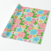 Roze en blauwe bloemen cadeaupapier (Uitgerold)