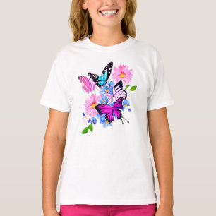 Roze en blauwe bloemen en vlinder t-shirt