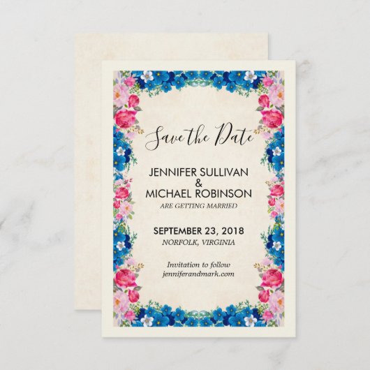 Roze en Blauwe Bloemen Fancy Elegant Wedding Save The Date (Voorkant / Achterkant)