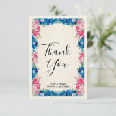Roze en blauwe bloemen Fancy Lijst Weddenschap Bedankkaart (Staand voorkant)