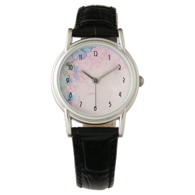  roze en blauwe bloemen horloge (Voorkant)