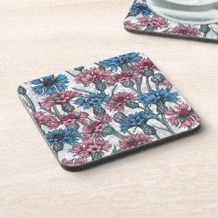 Roze en blauwe bloemen, wilde bloemen op wit bier onderzetter