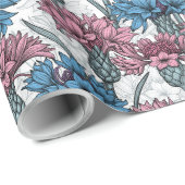 Roze en blauwe bloemen, wilde bloemen op wit cadeaupapier (Rol Hoek)