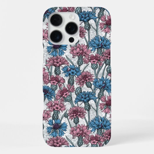 Roze en blauwe bloemen, wilde bloemen op wit iPhone hoesje (Achterkant)