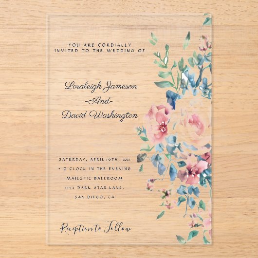 Roze en blauwe bloemenrand Bruiloft Uitnodiging Acryl Uitnodigingen (Voorkant)