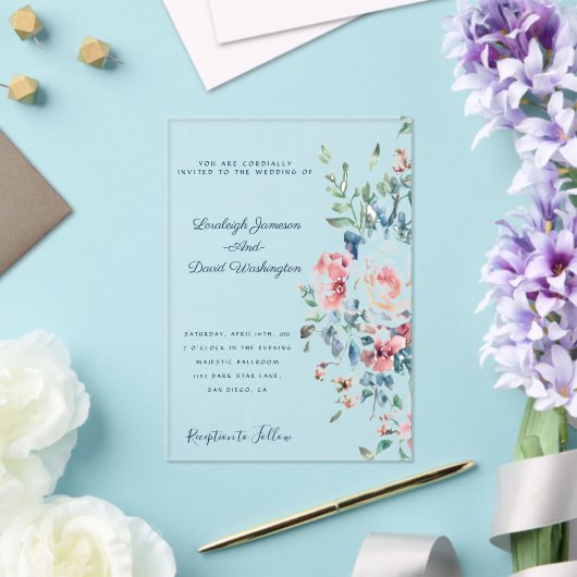 Roze en blauwe bloemenrand Bruiloft Uitnodiging Acryl Uitnodigingen (Insitu (Huwelijk))