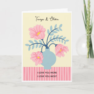 Roze en blauwe bloemenvase ontwerp kaart