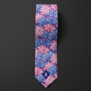 Roze en Blauwe Bloemige Monogram Stropdas