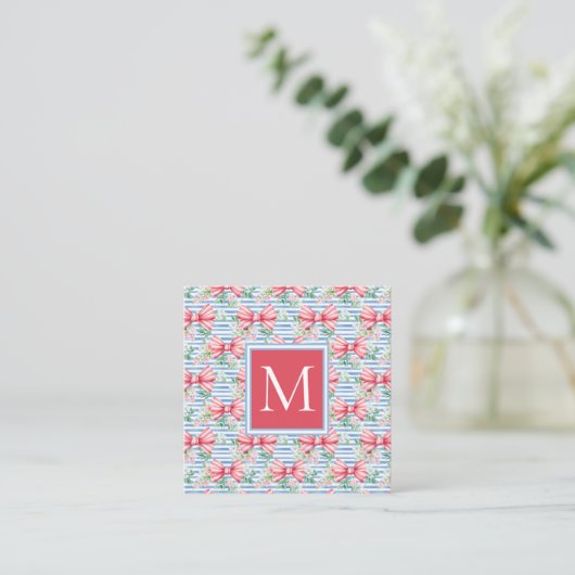 Roze en Blauwe Bogen Bloemen en Strepen Monogram Informatiekaartje (Staand voorkant)
