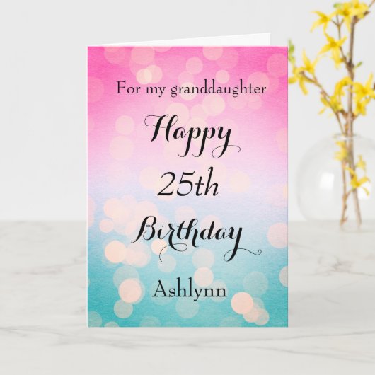 Roze en Blauwe Bokeh 25th Birthday Kaart (Gele Bloem)