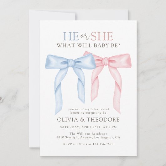 Roze en Blauwe Coquette Bow Gender Reveal Party Kaart (Voorkant)