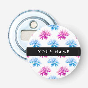 Roze en Blauwe Dahlia, Bloemenpatroon, Jouw naam Button Flesopener