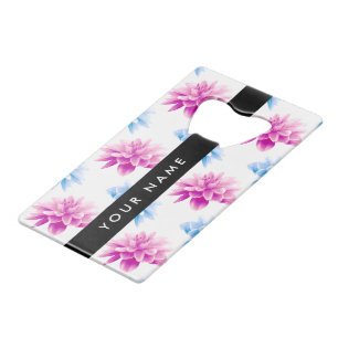 Roze en Blauwe Dahlia, Bloemenpatroon, Jouw naam Kredietkaart Flessenopener