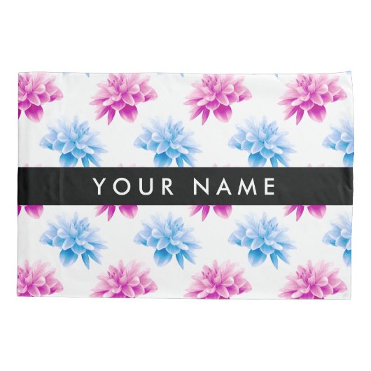 Roze en Blauwe Dahlia, Bloemenpatroon, Jouw naam Kussensloop (Achterkant)