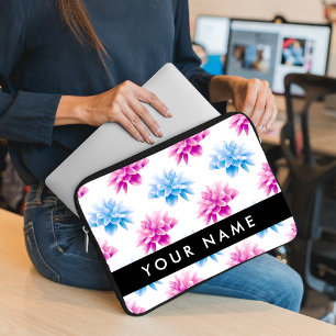 Roze en Blauwe Dahlia, Bloemenpatroon, Jouw naam Laptop Sleeve