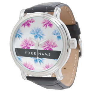 Roze en Blauwe Dahlia, Bloemmotief, Uw Naam Horloge